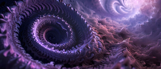 A mesmerizing vortex of intricate purple and white spirals resembling a vibrant coral reef, created through the beauty of fractal art