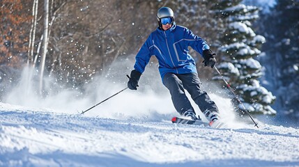 Fototapeta na wymiar a man is skiing in very deep snow season, winter sport