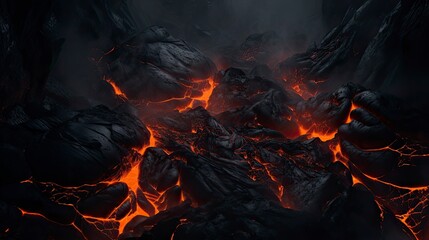 Dry black lava, there is liquid lava flowing between the many cracks. tense atmosphere in the dark. there was a thin layer of smoke in between.