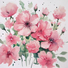 Watercolor pink blooming flowers for Valentine's Day.  Watercolor floral background with pink flowers. Hand-drawn illustration.