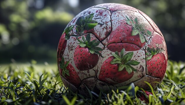 foot ball with strawberry texture in the layer, photo manipulation, intricate, realistic,iso 100,