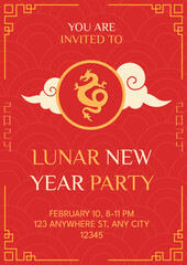 Fototapeta na wymiar Lunar New Year party invitation. Modern poster template with text. Elegant vector illustration with traditional chinese symbols and elements.
