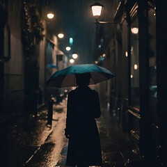 Back view of  a woman in black coat with umbrella walking on city with streetlights in rainy day at night in 1940's