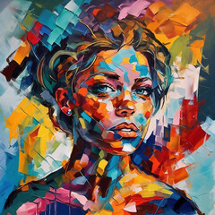 A seamless woman With Colorful Paint On Her Face -abstract-oil painting with thick pen strokes	

