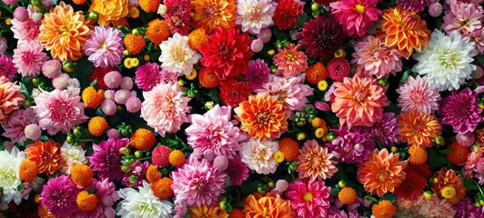 Fototapeta na wymiar Flowers wall background with amazing red,orange,pink,purple,green