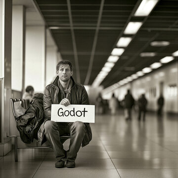 AI-Generated Image: Man Waiting at Airport with "Godot" Sign, Humorous Reference to "Waiting for Godot" Play