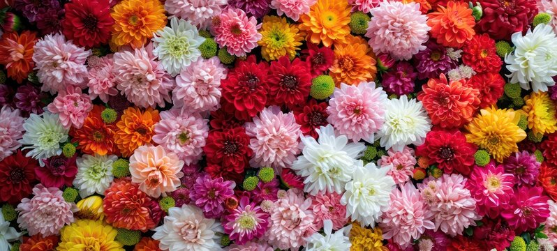 Flowers wall background with amazing red,orange,pink,purple,green and white chrysanthemum flowers Wedding decoration, hand made Beautiful flower wall background © Ibad