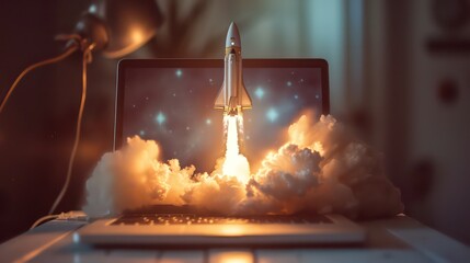 Space rocket shuttle with a cloud of smoke and blast lift off from a laptop. Creative idea and startup. Successful business project. Rocket take off from display - obrazy, fototapety, plakaty