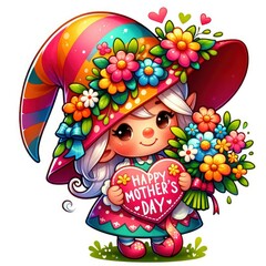 Girl Gnome with flowers , happy mother's day gnome