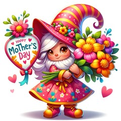 Girl Gnome with flowers , happy mother's day gnome