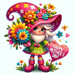 Girl Gnome with flowers , happy mother's day gnome