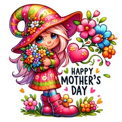 Girl Gnome with flowers , happy mother's day gnome