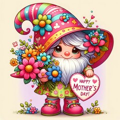 Girl Gnome with flowers , happy mother's day gnome