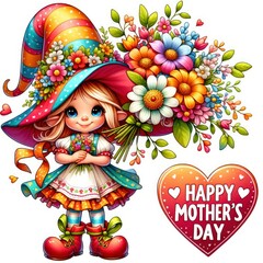 Girl Gnome with flowers , happy mother's day gnome