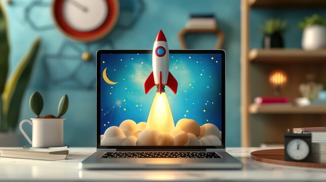Space rocket shuttle with a cloud of smoke and blast lift off from a laptop. Creative idea and startup. Successful business project. Rocket take off from display