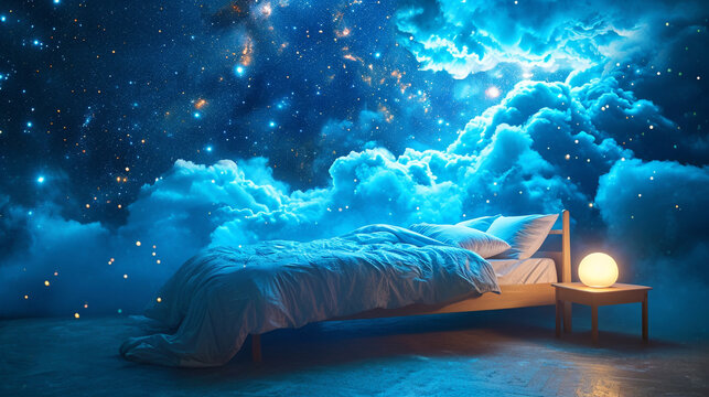 A bed with a dream bubble above it, filled with positive and rejuvenating thoughts, emphasizing the role of dreams in sleep.