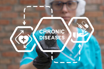 Nurse using virtual touch screen presses inscription: CHRONIC DISEASES. Chronic disease management...