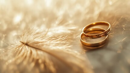 Obraz na płótnie Canvas Two Golden Wedding Rings and Light Angel Feather on gentle sparkling background