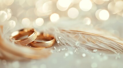 Two Golden Wedding Rings and Light Angel Feather on gentle sparkling background