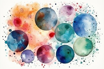 Abstract watercolor circles on white with colorful stains and textures. Generative AI