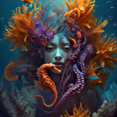 Ethereal underwater portrait of A realistic woman with octopus, seahorse, anemones, coral reefs in the ocean