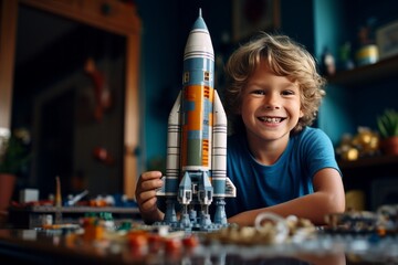 A little Caucasian boy sits at the table in his cozy room and plays with a construction set. Happy smart kid assembling a realistic model of cosmodrome and spaceship. Play and learn concept. - obrazy, fototapety, plakaty