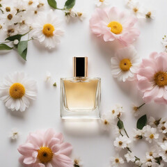 perfume bottle on a table with flowers