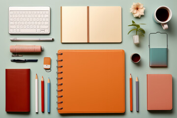 Business stationery on blue trending background. Notepad, colorful stickers, pens, pencils, computer keyboard, indoor plant, a cup of coffee. Top view, flat lay. Mockup, copy space.