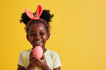 Happy african american girl with bunny ears holding colored Easter egg against yellow background - obrazy, fototapety, plakaty