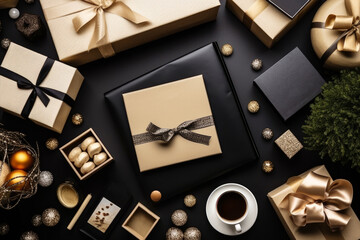 Top view of gift boxes, cups of coffee and holiday decorations on the black background. Cyber Monday, Black Friday, Christmas sale background with copy space. Online holiday shopping concept.