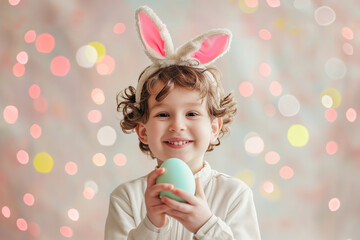 Obraz na płótnie Canvas Happy boy with bunny ears holding Easter egg against sparkling background