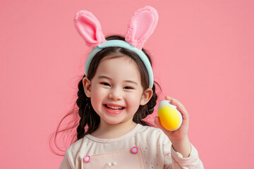 Obraz na płótnie Canvas Happy asian girl with bunny ears holding colored Easter egg against pink background