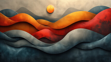 Abstract Textured Waves with Sun Accent in Warm Tones