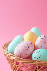 Fototapeta na wymiar Close-up of Pastel colored eggs in the basket on the pink background with copy space