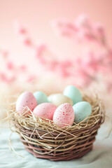 Naklejka na ściany i meble Cute Pastel colored eggs in the basket on the light pink background
