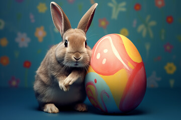 Easter Bunny Beside a Colorful Easter Egg and Blue Background