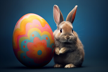 Easter Bunny Beside a Colorful Easter Egg and Blue Background