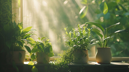 Folhagem exuberante e verde transborda das bordas de vasos de cerâmica criando uma atmosfera calma e natural em uma sala iluminada pelo sol