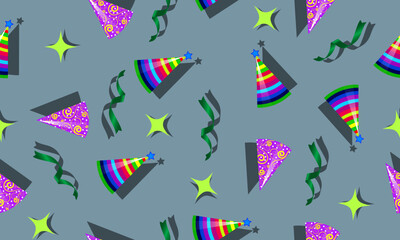 Vector party design confetti and birthday hats seamless pattern.