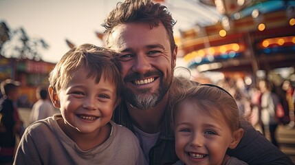 Man and Two Children Smiling at the Camera, Father Day