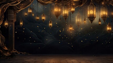 Night ramadan themed background, traditional Muslim lanterns gold particles and small lanterns hanging - background on Muslim theme - free space for text  - obrazy, fototapety, plakaty