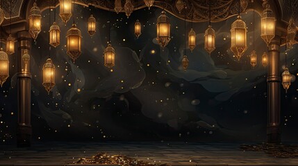 Night ramadan themed background, traditional Muslim lanterns gold particles and small lanterns hanging - background on Muslim theme - free space for text 
