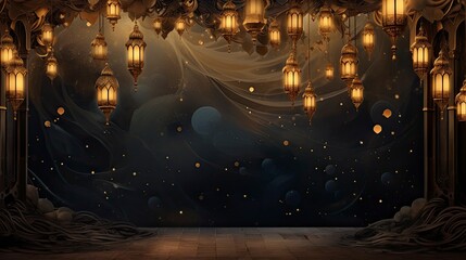 Night ramadan themed background, traditional Muslim lanterns gold particles and small lanterns hanging - background on Muslim theme - free space for text  - obrazy, fototapety, plakaty