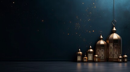 Obraz premium Night ramadan themed background, traditional Muslim lanterns gold particles and small lanterns hanging - background on Muslim theme - free space for text 