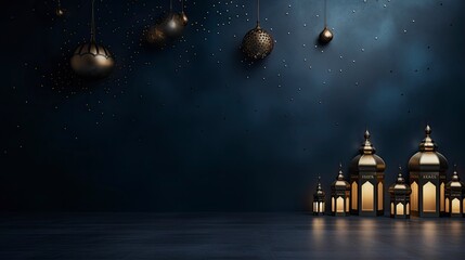 Night ramadan themed background, traditional Muslim lanterns gold particles and small lanterns hanging - background on Muslim theme - free space for text  - Powered by Adobe
