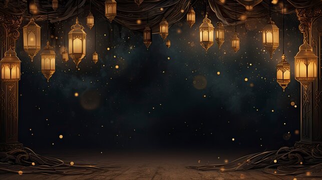 Night ramadan themed background, traditional Muslim lanterns gold particles and small lanterns hanging - background on Muslim theme - free space for text 