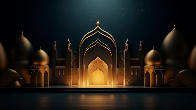 Night ramadan themed background, traditional Muslim lanterns gold particles and small lanterns hanging - background on Muslim theme - free space for text 