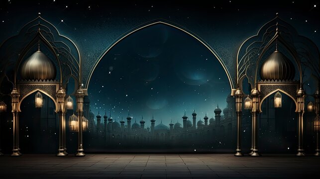 Night ramadan themed background, traditional Muslim lanterns gold particles and small lanterns hanging - background on Muslim theme - free space for text 