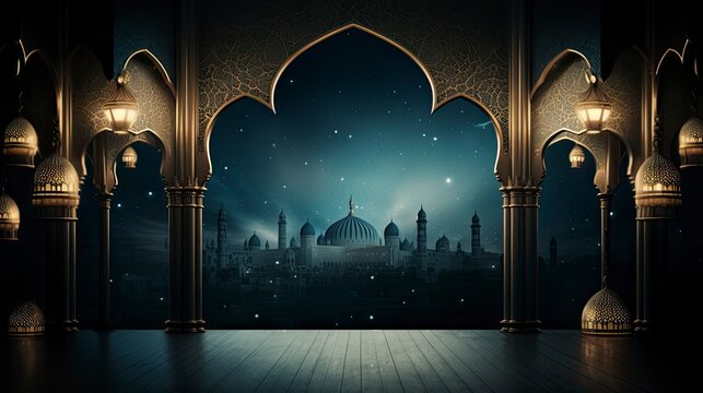Night ramadan themed background, traditional Muslim lanterns gold particles and small lanterns hanging - background on Muslim theme - free space for text 