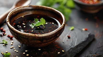 Traditional Korean soy sauce mixed with spices, garnished with cilantro in a rustic bowl on a slate backdrop
